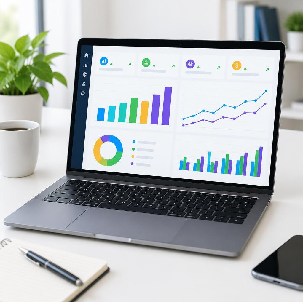 Analytics dashboard with charts on a screen