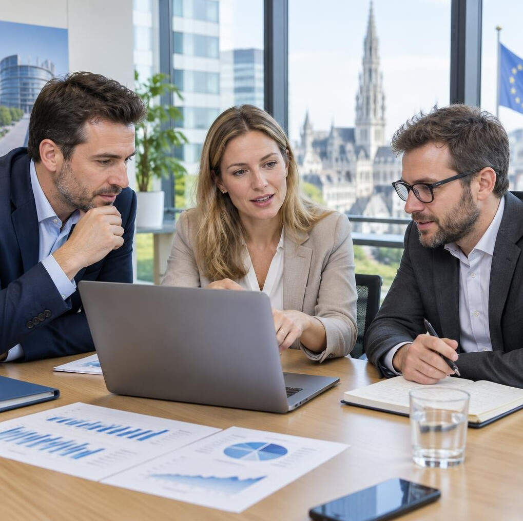 Colleagues discussing around a laptop in a bright office