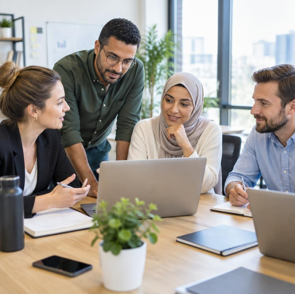 Team of professionals collaborating around a table with laptops