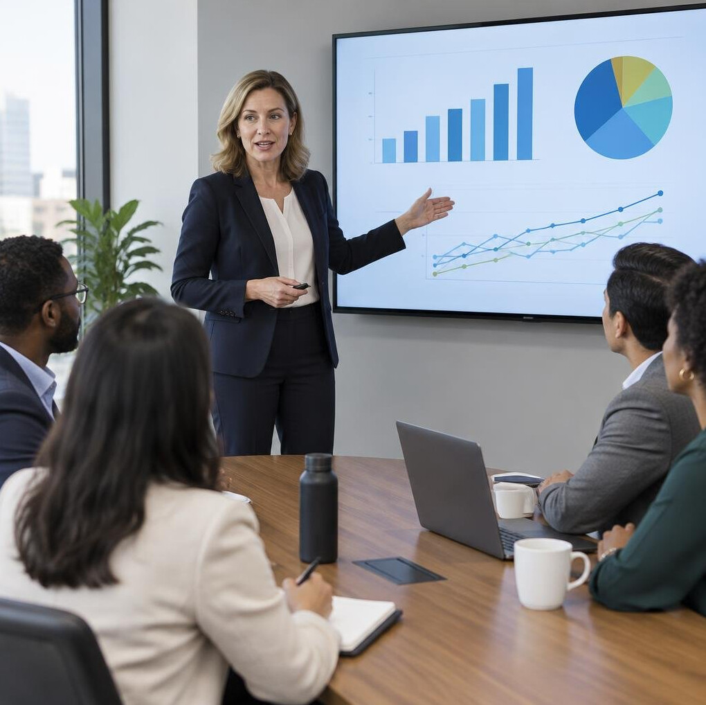 Presenter discussing charts with colleagues in a meeting room