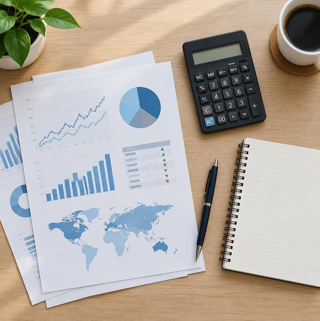 Desk with printed reports, calculator and documents