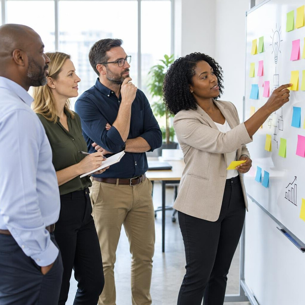 Workshop with sticky notes on a whiteboard