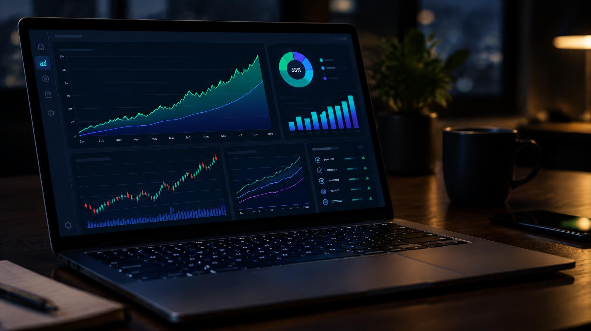 Laptop showing market analytics charts